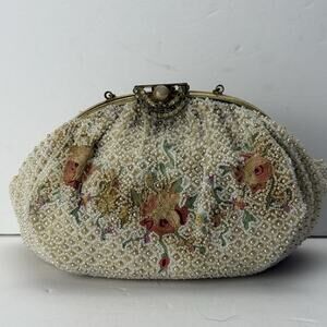 Vintage 1940-50s French Beaded Evening Bag Embroidery Florals